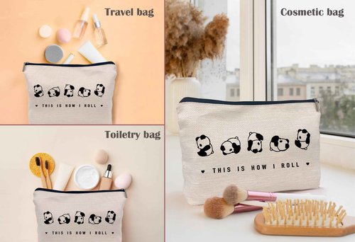 Lacosu This is How I Roll Makeup Bag, Wild Animal Cute Rolling Panda Cosmetic Makeup Bag for Panda Lover Women, Black, 7.5 x 10 Inches, Makeup, Travel, Toiletry
