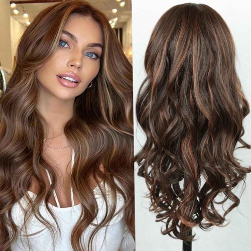 goodear 13x6 Lace Front Wig Long Brown Highlight Wavy Wig for Women 24 Inch Middle Part Curly Wavy Wig Natural Looking Synthetic Heat Resistant Fiber Wig for Daily Party Use