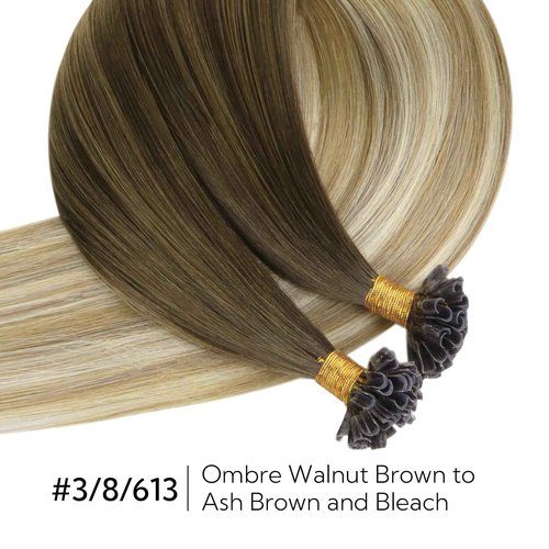 HOTBANANA U Tip Hair Extensions Human Hair, 16 Inch 50g 50s Ombre Walnut Brown to Ash Brown and Bleach U Tip Extensions Hot Fusion Keratin Utip Hair Extensions Straight K Tip Hair Extensions