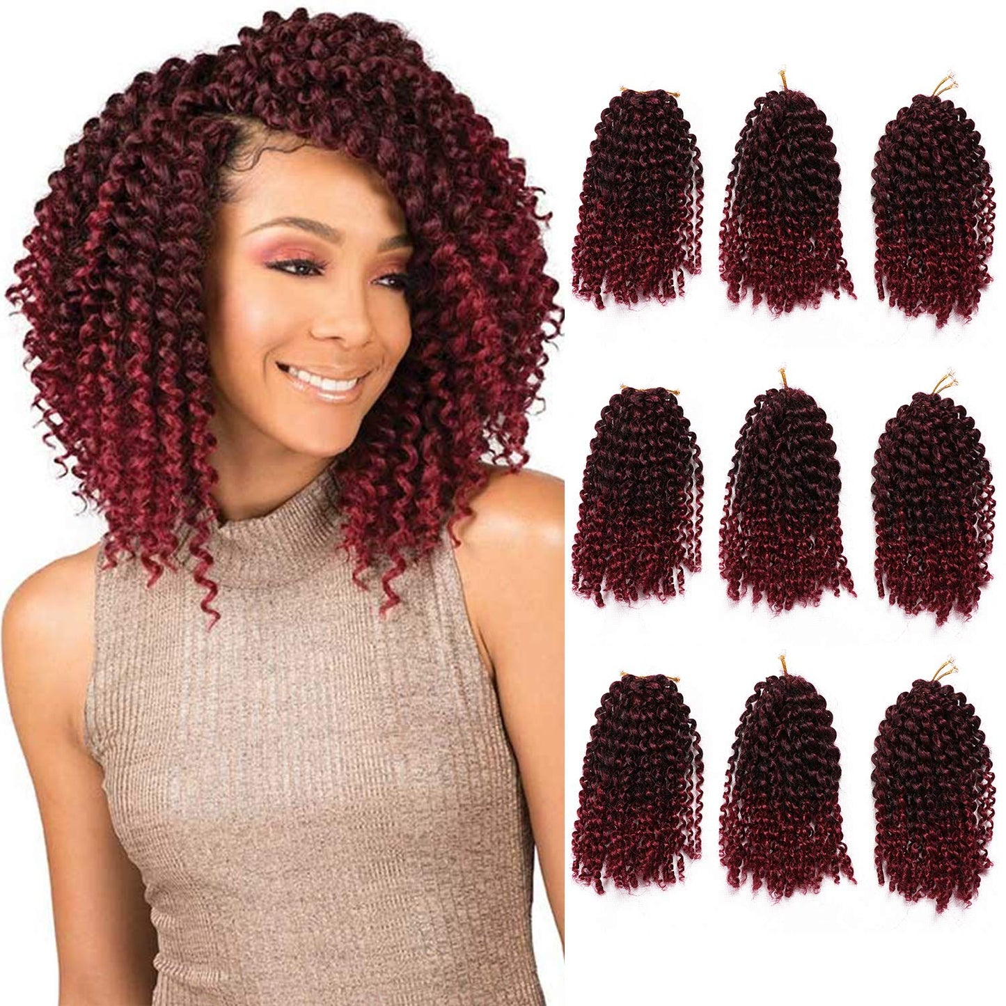 8 Inch Short Passion Twist Hair Marlybob Crochet Hair 9 Small Bundles Kinky Curly Crochet Hair Short Crochet Braids Jerry Curly Kinky Twist Crochet Braiding Hair (9Bundles8Inch, 1B/Burgundy)