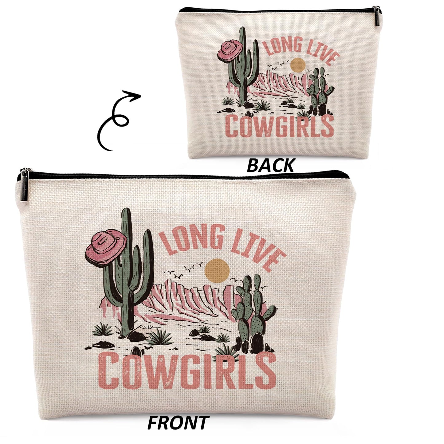 Dwept Long Live Cowgirls Cosmetic Bag, Pink Retro Western Cowgirl Hat Desert Cactus Makeup Bag Zipper Cosmetic Pouch Bag Travel Linen Makeup Organizer, Preppy Gifts for Teen Girls Women Cowgirls