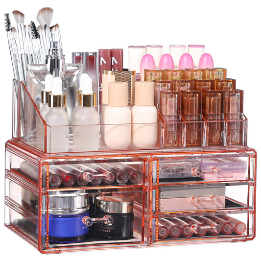 Cq acrylic 2 Pack Clear Skincare Organizer for Vanity,Stackable 5 Drawers Make Up Organizer,Cute Cosmetic Organizer for Vanity Jewelry,Hair Clip,Beauty,Skincare Product Dresser Acrylic Desk Organizer