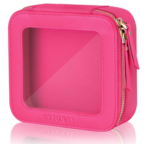 MSTONAL Clear Makeup Bag, Travel Toiletry Bag Cosmetic Case for Women, Waterproof Portable Small Make Up Skincare Pouch with Zipper, Compact Car Organizer Bag for Essentials, Mini Size, Hot Pink
