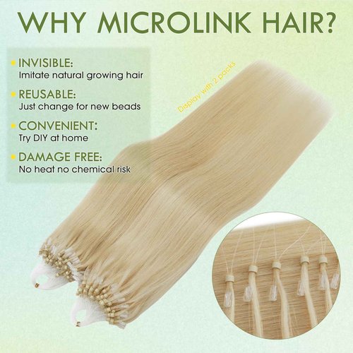 Hairro Microlink Hair Extension Remy Keratin Itip Micro Bead Fusion Hair Micro Loop Micro Link Beads Brazilian I Tipped Remy Hairpiece For Women 14 inch 50g 100 Strands #613 Light Blonde
