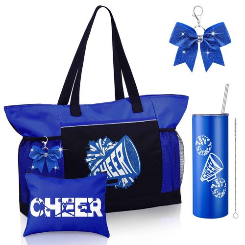 Patelai 4 Pcs Cheerleader Gifts Set Cheer Tote Bag 20 oz Tumbler Makeup Bag Keychain Stuff Accessories for Cheerleader(Blue,Cheer)