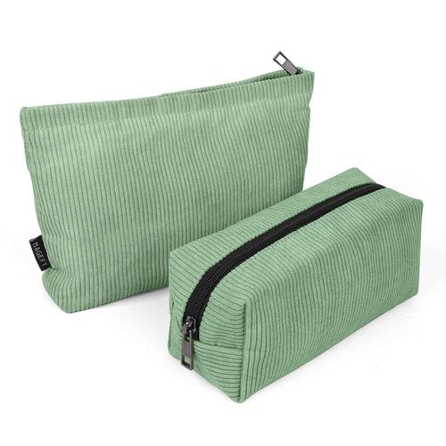 MAGEFY Makeup Bag 2 PCS Corduroy Make up Bag for Purse Travel Cosmetic Bag for Women Small Makeup Pouch Cute Makeup Brush Bag Preppy Stuff Travel Essentials - Green