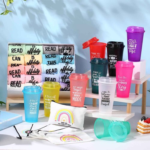 Funnymoom 30 Pieces Teacher Gifts Bulk,Graduation Back to School Day Appreciation Week Gift 16oz Plastic Coffee Tumbler with Lids Teacher Makeup Bags Crew Socks for Women Coworker