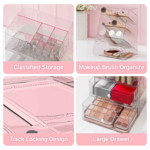 Awelov 3 Tier Makeup Organizer for Vanity with Brush Holder Countertop Organizer with 2 Drawers Clear Makeup Storage for Brushes, Lipsticks, Face Mask Skin Care Storage Solution for Women & Teens