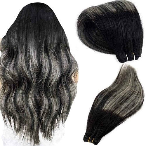 Silver Sew in Hair Extensions 14 Inch 80Gram Weft Hair Extensions Balayage Human Hair Extensions Hair Wefts Color #1B/Silver/1B Off Black Mixed with Silver Remy Straight Hair Weave Bundles Real Hair