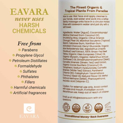 Eavara Beef Tallow Face Wash – Natural and Hydrating with Activated Charcoal, Aloe, Hyaluronic Acid, and Green Tea – Facial Cleanser with Grass Fed Beef Tallow – Face Wash for Women and Men – 6oz Pump