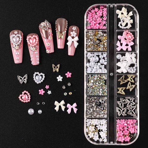3D Nail Charms and Gems Set - 12 Grid Butterfly Charm Glitter Rhinestones Small Flower Steel Beads Pearl Bow DIY Mixed Nail Art Accessories Cute Butterflies Supplies DIY for Floral Manicure Craft