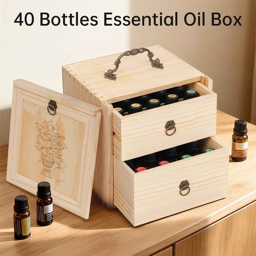 TORIBIO Essential Oil Storage Holder Organizer for 40 Bottles, Wooden Essential Oils Box Holds 5 10 15 20 30 ml for Young Living & Doterra Bottles