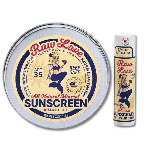 Raw Love Sunscreen Bundle | Reef Safe SPF 35+ Sunscreen & SPF 15 Lip Balm | Mineral Sunscreen with Non-Nano Zinc Oxide | Water Resistant, Baby Safe, Plastic Free | Made in USA