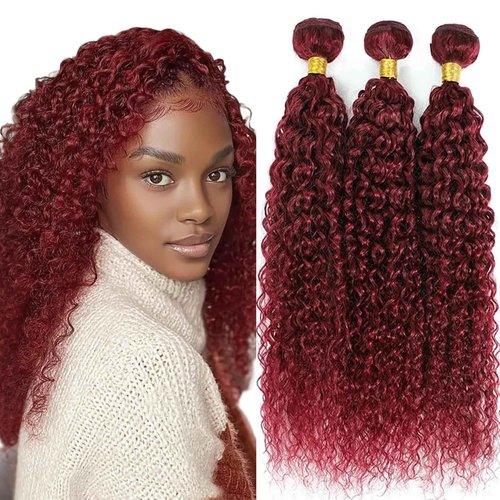 BOKIEOIE Burgundy Bundles Human Hair Unprocessed Brazilian Virgin Curly Wave Human Hair Bundles 16 16 16 inch Wine Red 3 Bundles Color #99J Double Weft Hair Extensions 300g Total for Black Women