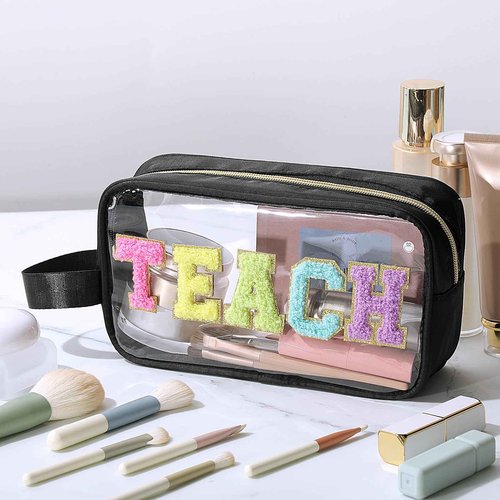 Kacctyen Teach Bag Pouch Teacher Gift Survival Kit Bag Clear Makeup Chenille Letter Cosmetics Nylon Toiletry Waterproof Makeup Travel Pouch Teacher Stuff for Women