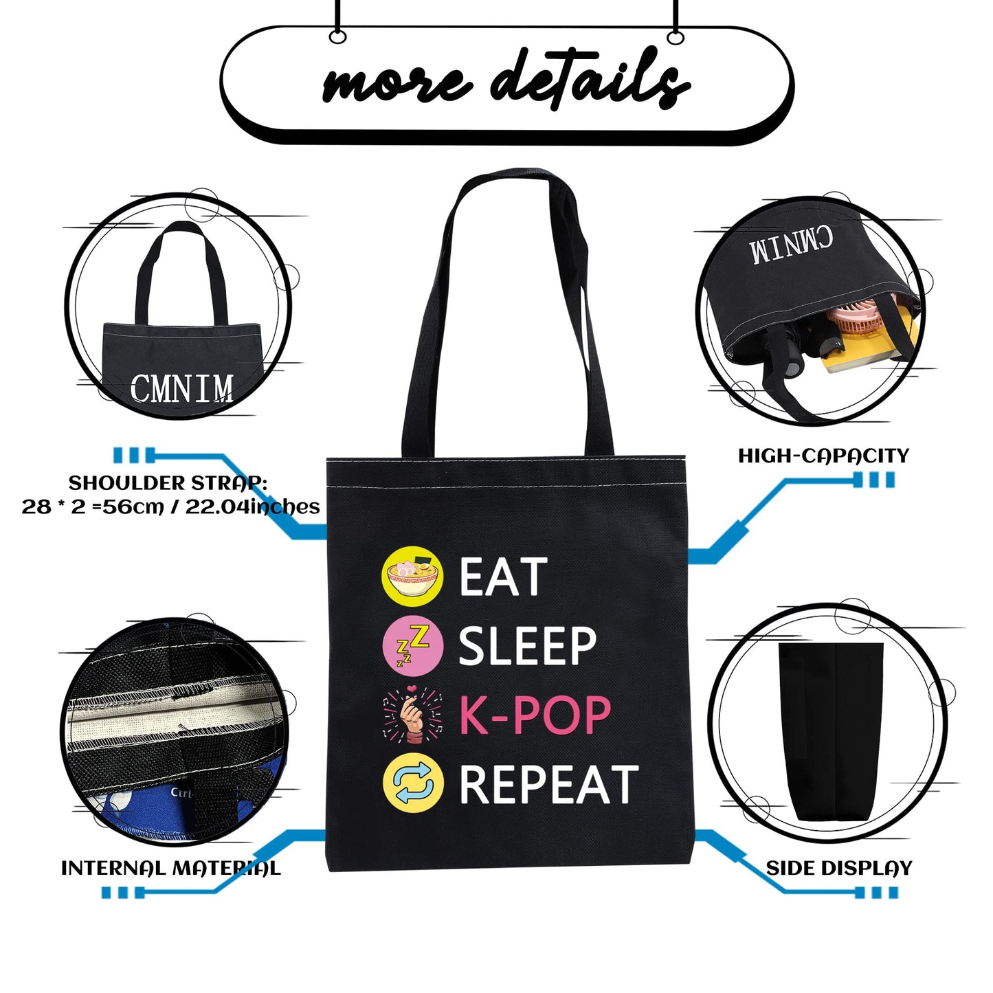 CMNIM K-POP Makeup Bag Eat Sleep K-POP Repeat Travel Pouch K-pop Merchandise Gift for Women Girl (Eat Sleep K-POP Repeat Black TB)