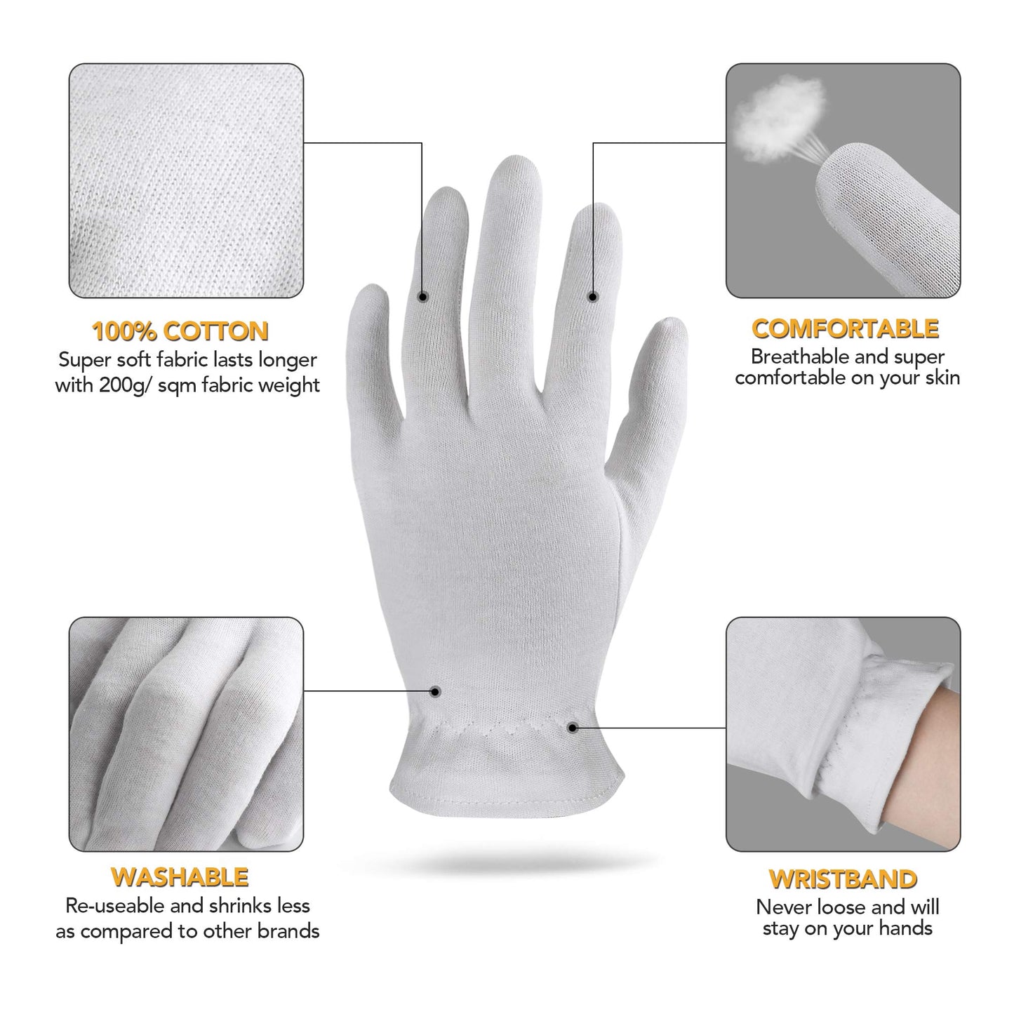 1 Size 10 Pairs 100% Premium Cotton Gloves for Dry Hands | Moisturizing Overnight Gloves for Eczema, Psoriasis & Skin Spa Treatment for Women & Men | Washable & Reusable with Free Laundry Bag