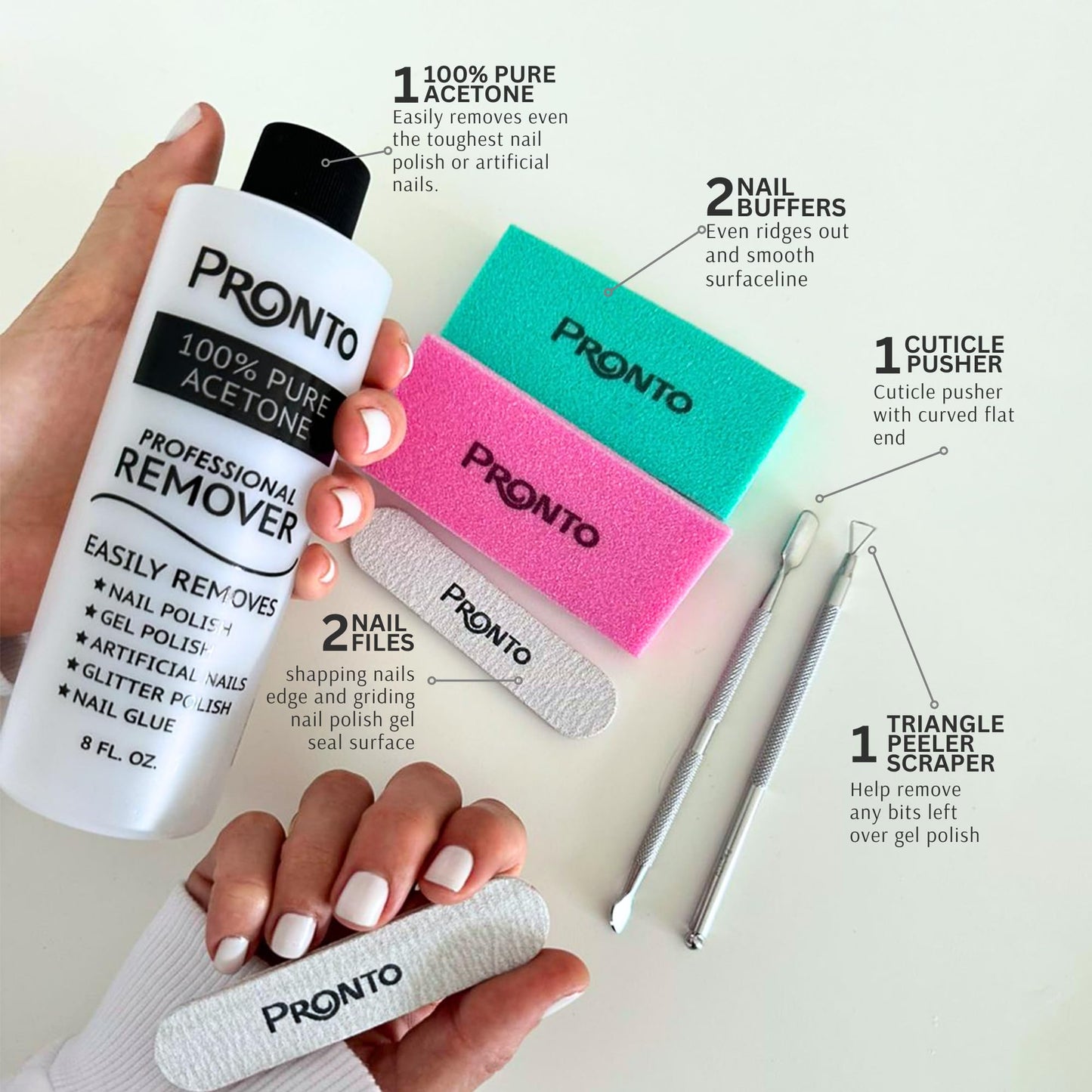 Pronto Acetone Nail Polish Remover 8 Fl Oz with Manicure Kit - Includes Nail File, Buffer, Pusher, Scraper - Pure Acetone 100 Percent - Quick & Professional Gel Acrylic Nail Remover Kit