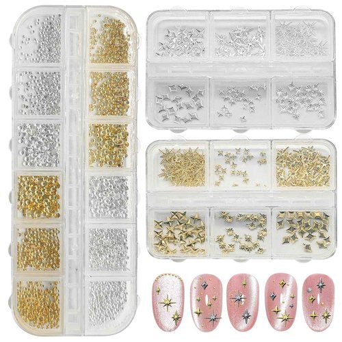 3400Pcs Gold and Silver Star Pearls Gold Nail Charms, Nail Gems Supplies Accessories, Beautiful Star Nail Charms Gold Charms for Nails, Cute Nail Charms for Exquisite and Shiny Manicure Supplies