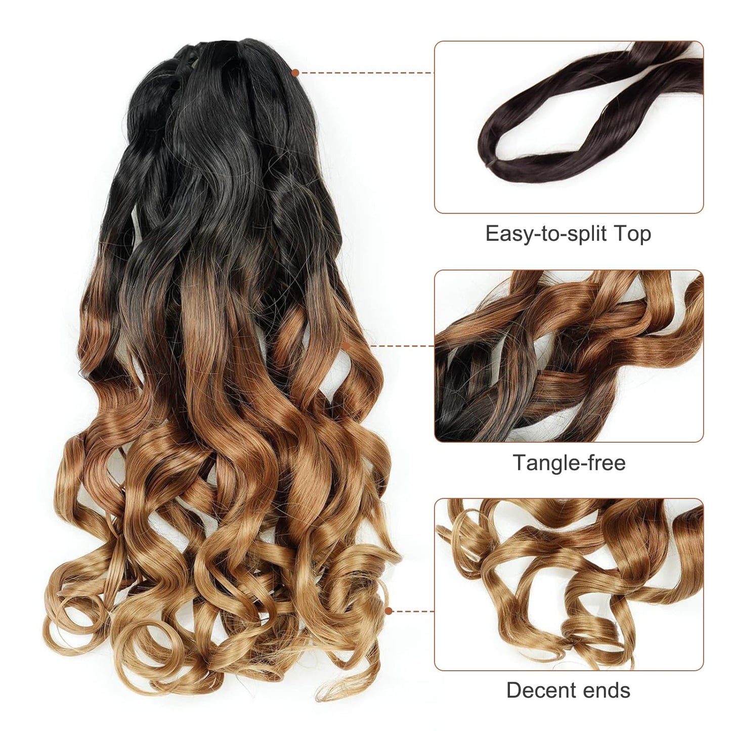 DIFUNEE French Curly Braiding Hair - 20 Inch 8 Packs Ombre Brown 3 Tones Pre-Stretched French Curl Braiding Hair, Loose Wavy Bouncy Synthetic Crochet Hair Extensions (20 Inch, OT30/27-8P)