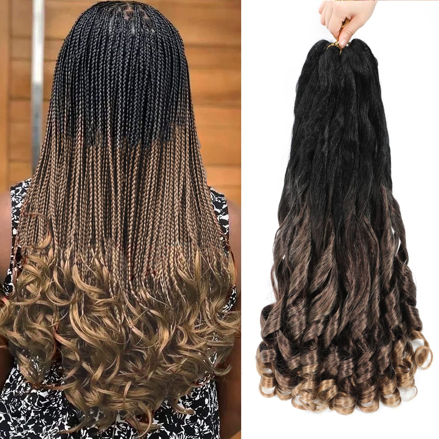 French Curly Braiding Hair 8packs 16inch Ombre Pre Stretched Curly Braiding Hair for Crochet Box Braids Pre Looped with Curly Ends Bounce Curl Loose Wave Crochet Braids for Black Women