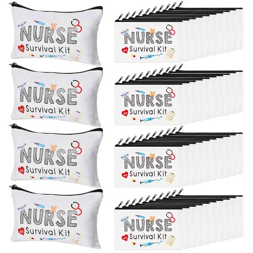 Abbylike 50 Pieces Nurse Gift Bag Survival Kit Makeup Bags Canvas Multi Purpose Zipper Pouch Funny Travel Bag for Birthday Nurse Week Practitioner Gifts for Women, 7.09 x 4.33 Inch(White)