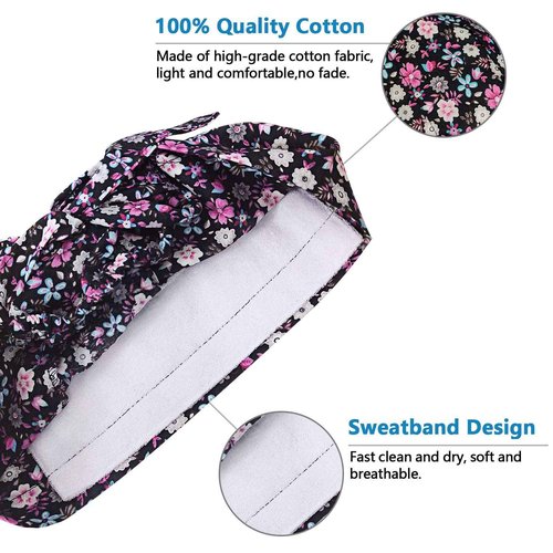 Adjustable Working Caps with Button & Sweatband, Women Ponytail Pouch Hats, Long Hair (Red Flower+Black)