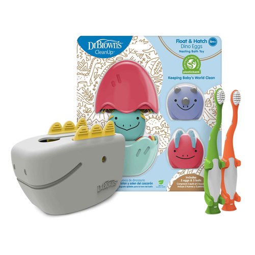 Dr. Brown's Baby and Toddler Toothbrush, Green and Orange Dinosaur 2-Pack 1-4 Years, CleanUp Float & Hatch Dino Eggs Bath Toy, 6m+, Dino-Soft Baby Bath Spout Cover, BPA Free, Certified Plastic Neutral
