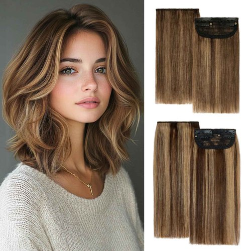 Clip in Short Hair Extensions Real Human Hair,Prokyvity Invisible Human Hair Clip in Extensions Short,(6inch&8inch)4 pieces Mini Extensions for volume or highligh,Medium Brown Mixed Dark Blonde