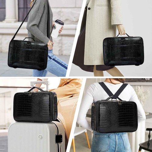 gzcz Large Capacity Travel Makeup Case Organizer,Professional Cosmetic Bags for Women,Waterproof PU Leather Makeup Bag with Adjustable Dividers and Shoulder Strap for Brushes and Jewelry