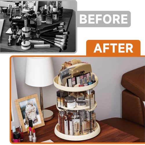 Yieach Rotating Make up Organizer for Countertop,Adjustable Spinning Skincare Organizers,Vanity Organizers and Storage,Bathroom Lazy Susan Organizer for Beauty Product and Spin Skin Care Holder,Beige