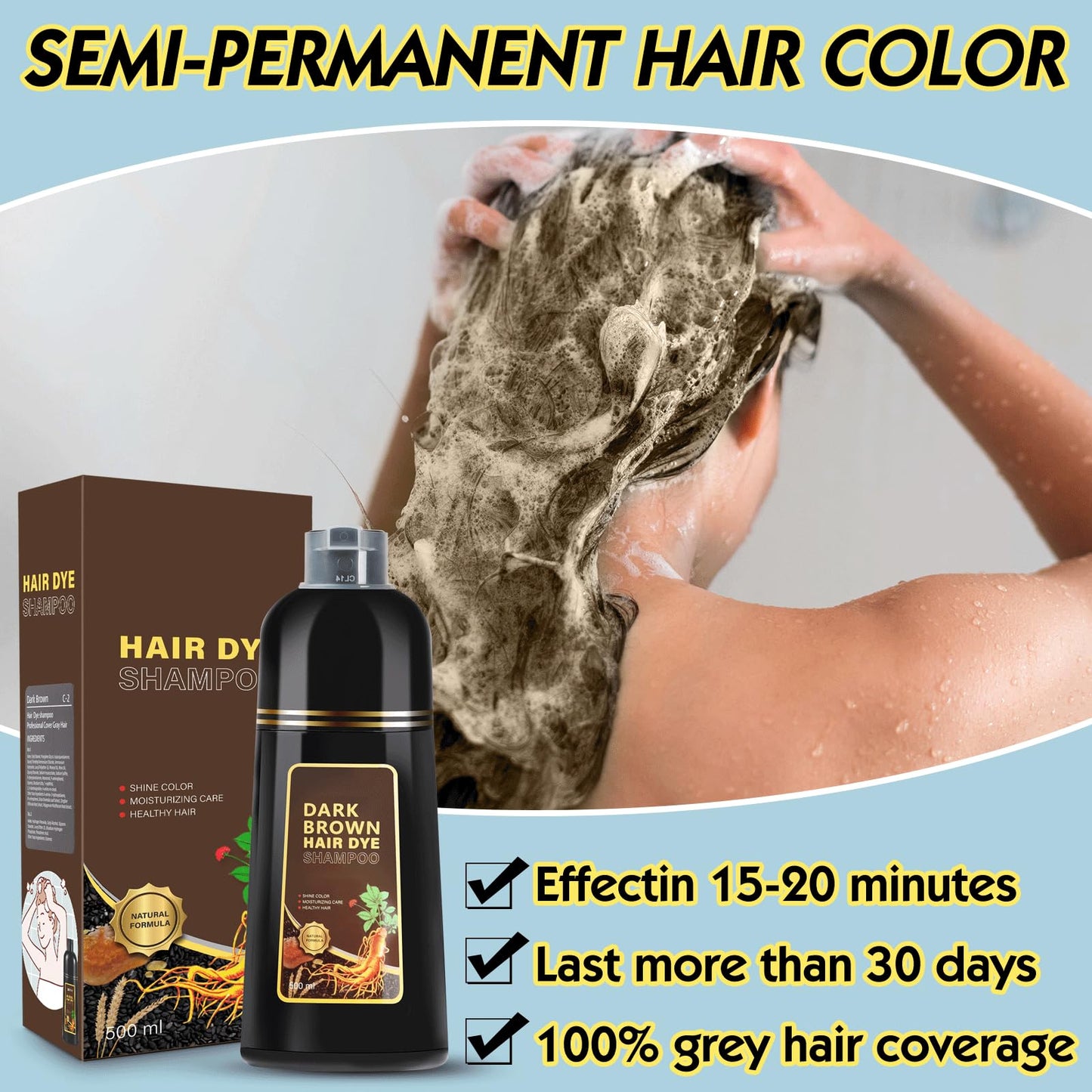 Sminktec Dark Brown Hair Dye Shampoo 3 in 1, Herbal Shampoo Hair Dye for Women Men(Dark Brown)