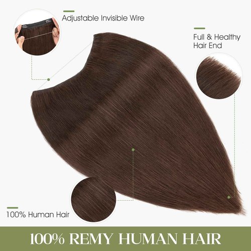 Charites Halo Hair Extensions Real Human Hair Invisible Wire Extensions with Transparent Fish Line Adjustable Size Dark Brown 12 inch