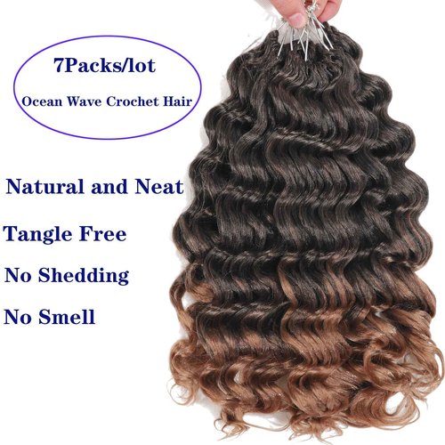 18 Inch Ocean Wave Crochet Hair 7 Packs Deep Wave Crochet Braids Brown Ombre126 Strands Wavy Curly Braiding Hair Crochet Hair Extensions for Women