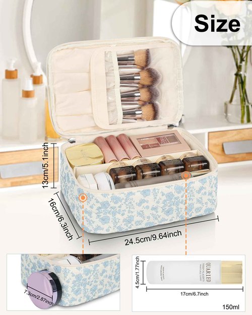 Large Makeup Bag, Travel Cotton Floral Makeup Bag Quilted Cosmetic Bag Gifts for Women Girls Portable Cute Makeup Organizer Bag With Removable Divide and Makeup Brush Compartment
