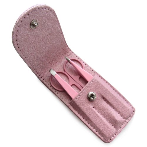 Precision Stainless Steel Eyebrow Tweezers Set In Pointed And Slanted Tip, Curved Brow Scissors, Comes With Pink Travel Case