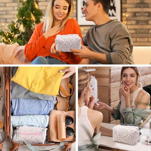 dark swan Cotton Quilted Makeup Bag, Cute Pouch Toiletry Bag Cosmetic Bag Quilted Floral Organizer Bag Travel Coquette Aesthetic Portable Storage Zipper Purse for Women (Pink)