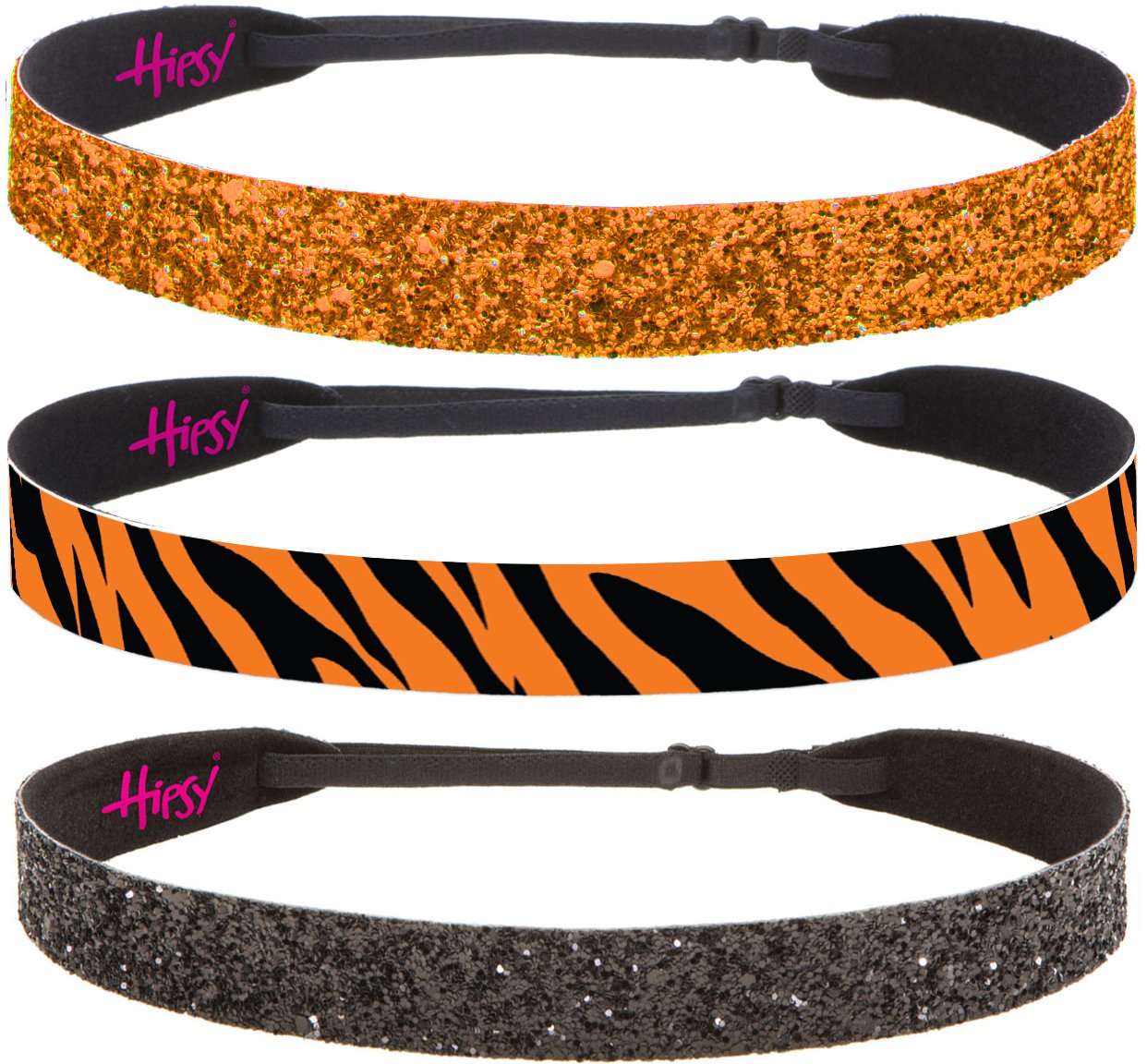 Hipsy Women's Adjustable No Slip Bling Glitter & Bengal Tiger Fashion Headband 3-pack (Wide Black/Tiger/Orange 3pk)