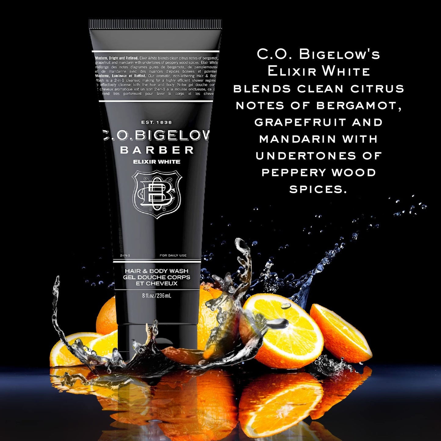 C.O. Bigelow Men's Hair and Body Wash, Elixir White, No. 1607, 8 fl oz, Mens Body Wash & Shampoo, Citrus & Bergamot Moisturizing Mens Shampoo & Body Cleanser, Pack of 2