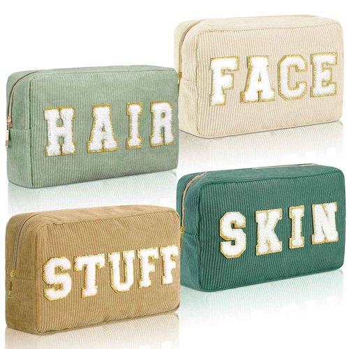 Pinkunn 4 Pcs Preppy Makeup Bags Chenille Letter Travel Organizer Face Skin Hair Stuff Corduroy Cosmetic Hygiene Toiletry Pouch with Zipper Wedding Birthday Gifts for Women(Sage Green Series Color)
