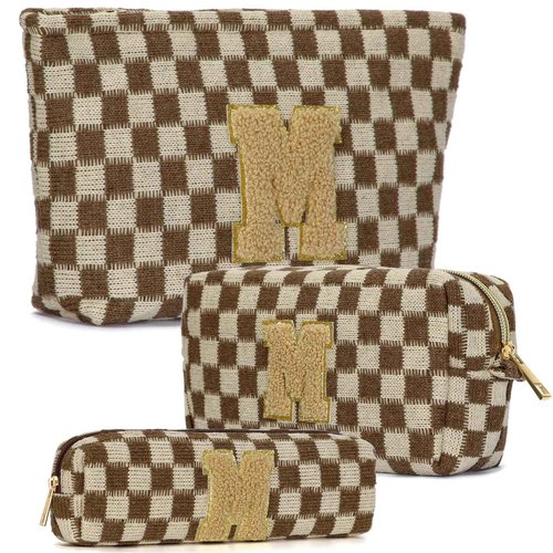 Silongder 3 Pcs Makeup Bag Cosmetic bags for women Large Capacity Checkered Cosmetic Bag Canvas Travel Toiletry Bag Organizer Cute Makeup Bag Mother's Day Birthday Gift for Women (Brown M)