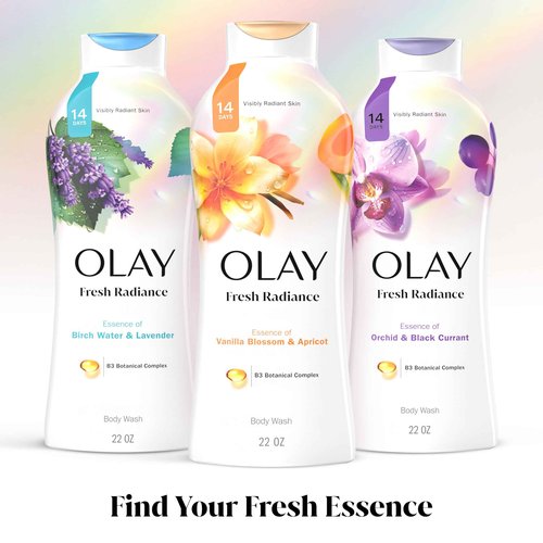 Olay Body Wash for Women, Fresh Radiance, Refreshing & Renewing, Made with Plant Based Cleansers, B3 Botanical Complex, For All Skin Types, Vanilla Blossom & Apricot Scent, 22 fl oz (Pack of 4)