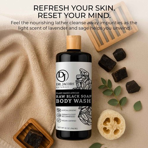 Dr Jacobs Naturals Authentic African Raw Black Soap, All-In-One Cleanser for Face Wash, Sensitive Skin Body Wash, Shampoo, Shaving Soap | Shea Butter Moisturizing and Nourishing Formula | 32oz 1pk