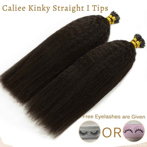 Caliee I Tip Hair Extensions Real Human Hair Kinky Straight, 18inch Natural Hair Extensions Human Hair for Black Women Natural Black Color Real Remy Hair Extension I Tips Hair Thick End 50G 50s/pack