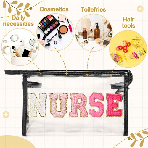 CY2SIDE NURSE Clear Makeup Bag - Gradient Pink NURSE Letter Patch Cosmetic Bag with Handle for Travel