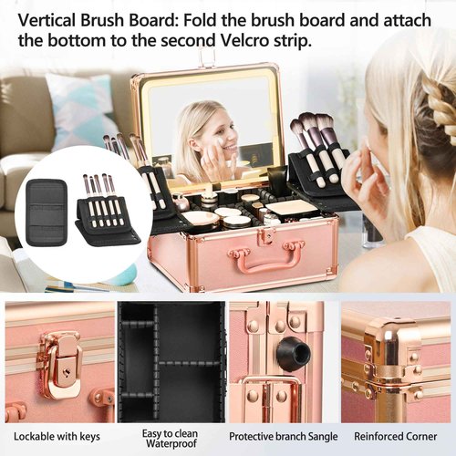 GALHUBIS Makeup Case with Lighted Mirror, Makeup Box Organizer with Detachable LED Mirror, Travel Makeup Train Case, Waterproof Cosmetic Organizer, Standing Brush Holder, Gift, Rose Gold