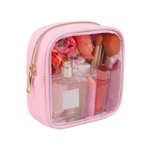 Ebbniur Clear Makeup Bag for Purse Small Nylon Zipper Pouch Mini Travel Cosmetic Bag Clear Toiletry Bags for Traveling Cute Makeup Organizer for Women (1pc pink clear)