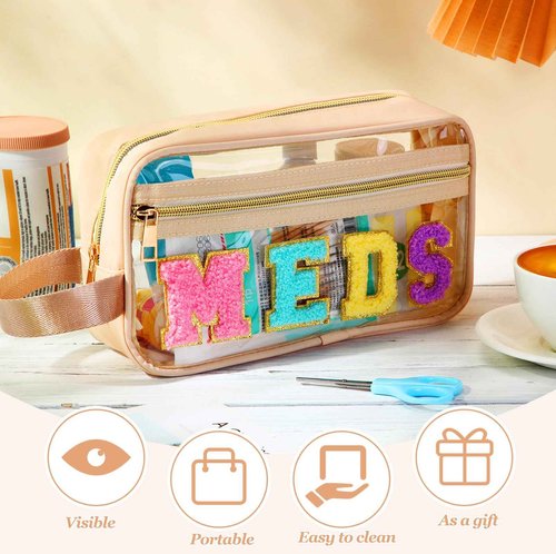 Pinkunn Chenille Letter Bag Clear Makeup Pouch Cute Preppy Letter Patch Cosmetic Bag with Zipper Nylon Waterproof Portable Travel Purse Toiletry Organizer for Appreciation Gift (Beige,Meds)