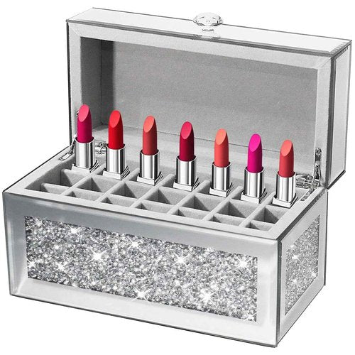 joyshiny 21-Slot Mirrored Lipstick Organizer, Rollerball Perfume Glass Storage box with Lid,Lip Gloss Storage for Vanity, Crushed Diamond Home Decor, 9.2''x 4.5'' x 5.15''