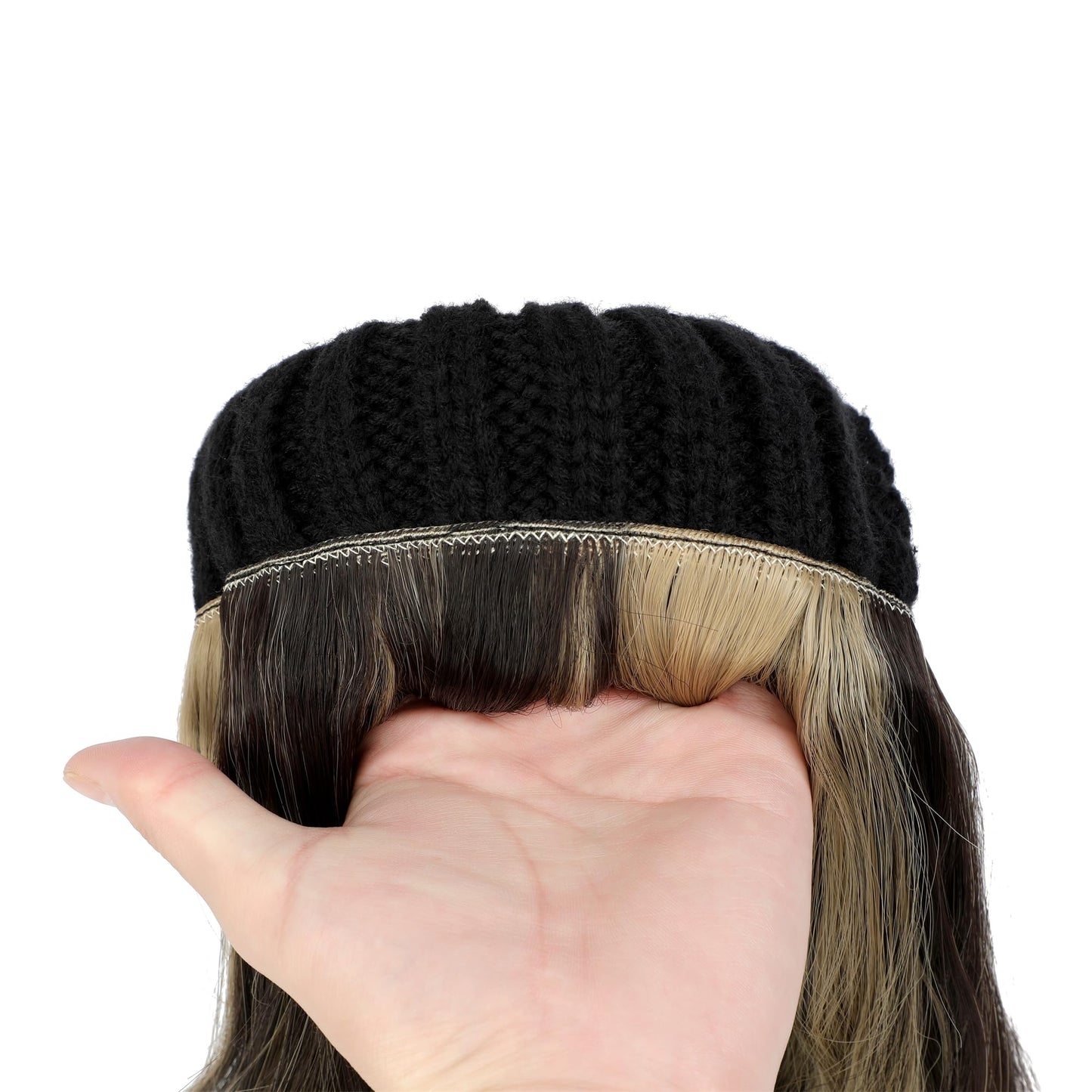 Cephermer Women Beanie Hat with Hair Attached Warm Knitted Pom Cap Attached 14inch Long Wavy Curly Hair Extensions Synthetic Hairpiece